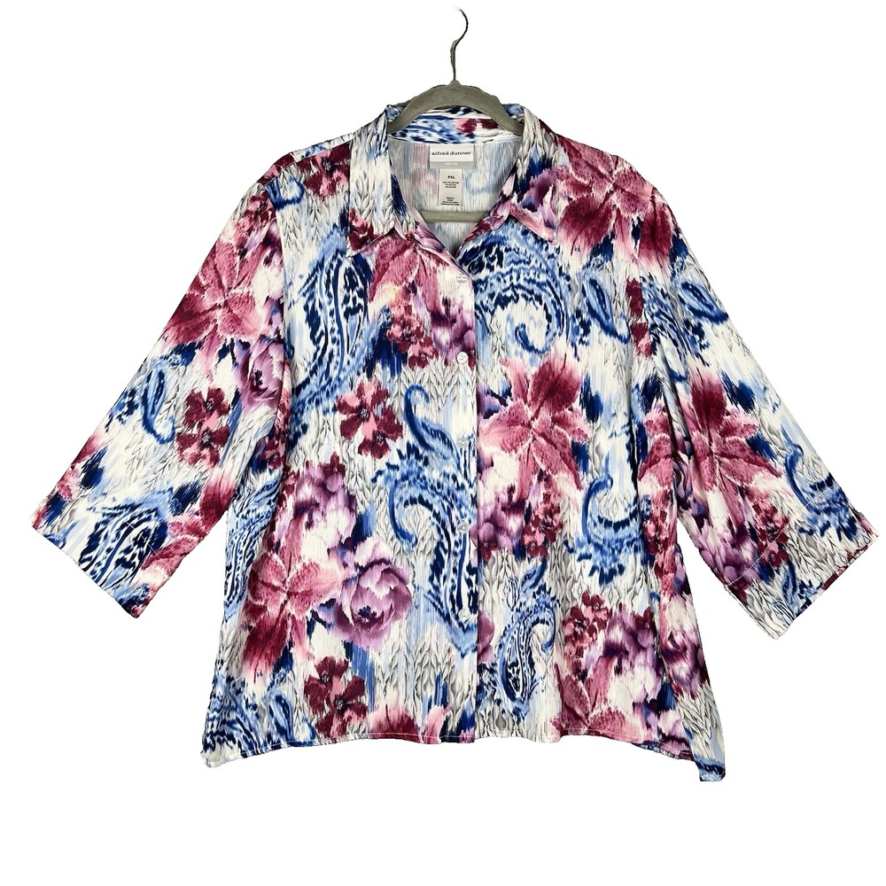 ALFRED DUNNER Womens Petite‎ XL Floral Paisley Blouse Shirt 3/4 Sleeve Button Up